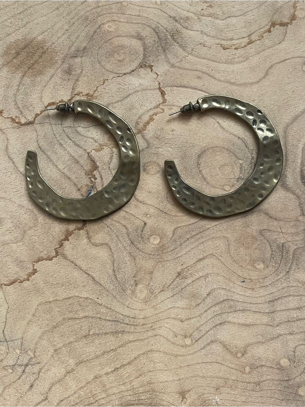 Hammered Metal Open Hoop Earrings - Gold Brass Tone